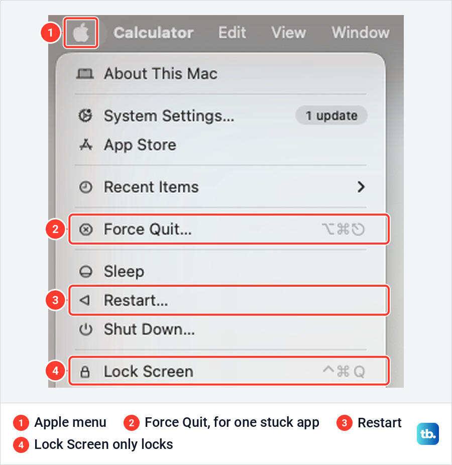 The macOS Tahoe Apple menu open over Calculator, with Force Quit, Restart and Lock Screen marked.