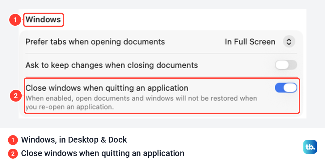 macOS Tahoe Desktop and Dock settings with Close windows when quitting an application switched on under Windows.
