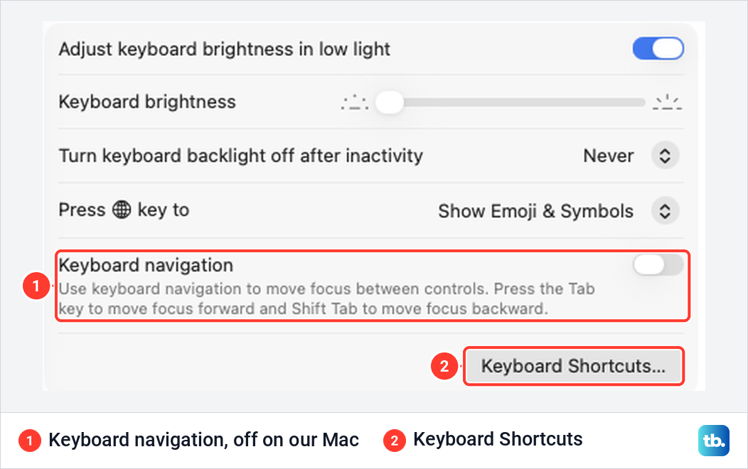 macOS Tahoe Keyboard settings with the Keyboard navigation switch turned off and the Keyboard Shortcuts button below it.