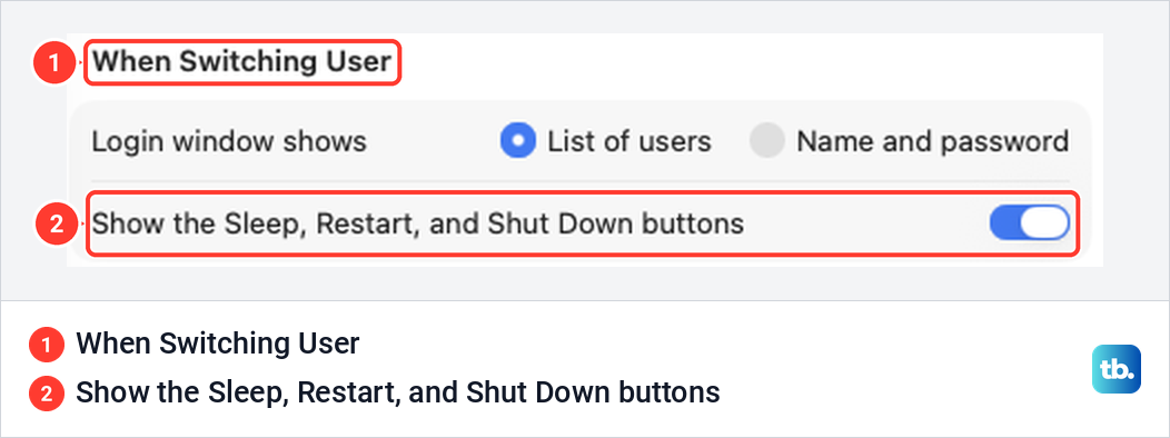 macOS Tahoe Lock Screen settings with Show the Sleep, Restart, and Shut Down buttons switched on.