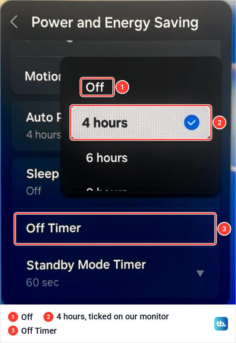 Power and Energy Saving menu with the Auto Power Off list open and 4 hours ticked above Off Timer.