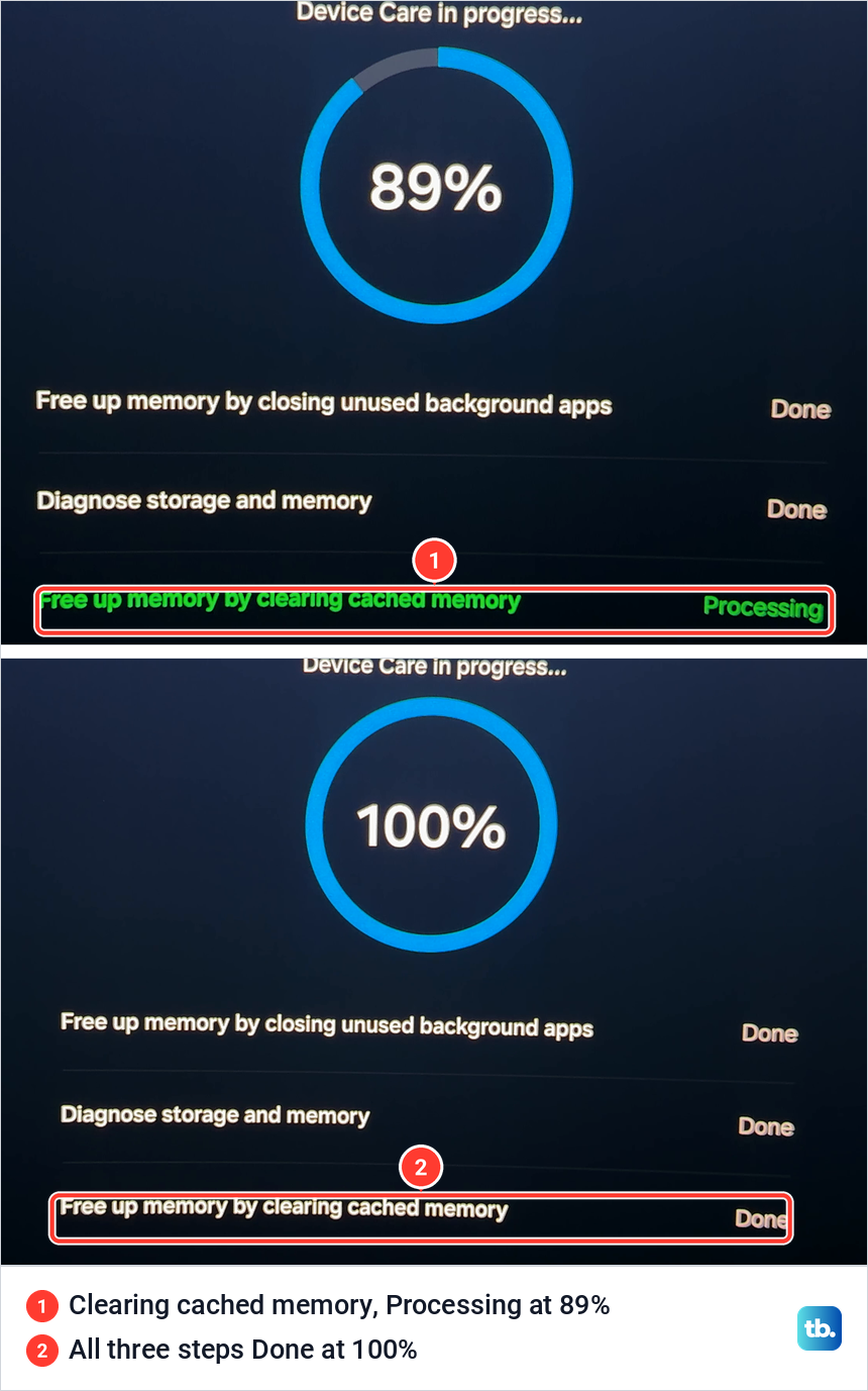 Two Device Care progress screens, one at 89 percent with the cache step processing and one at 100 percent with every step done.