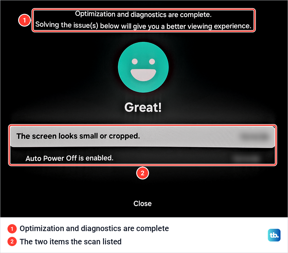 Device Care result screen reading Optimization and diagnostics are complete, with two items listed below a smiling face.