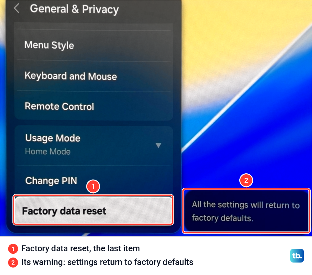 General and Privacy menu with Factory data reset highlighted at the bottom and its warning about factory defaults.