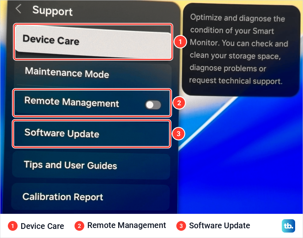 The Support menu on a Samsung Tizen screen with Device Care, Remote Management and Software Update marked.
