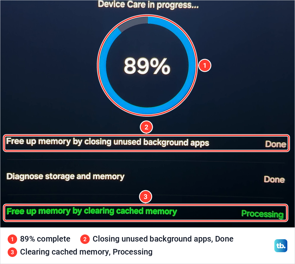 Device Care scan at 89 percent with closing unused background apps marked Done.