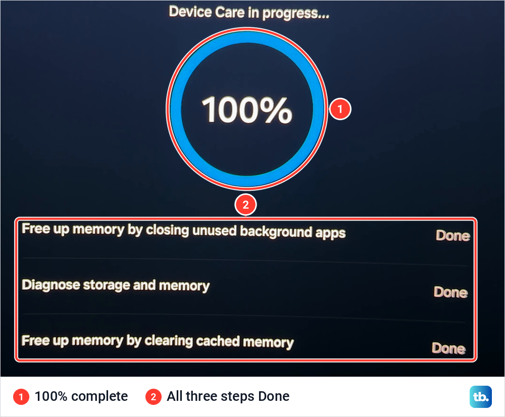 Device Care scan at 100 percent with all three memory and storage steps marked Done.