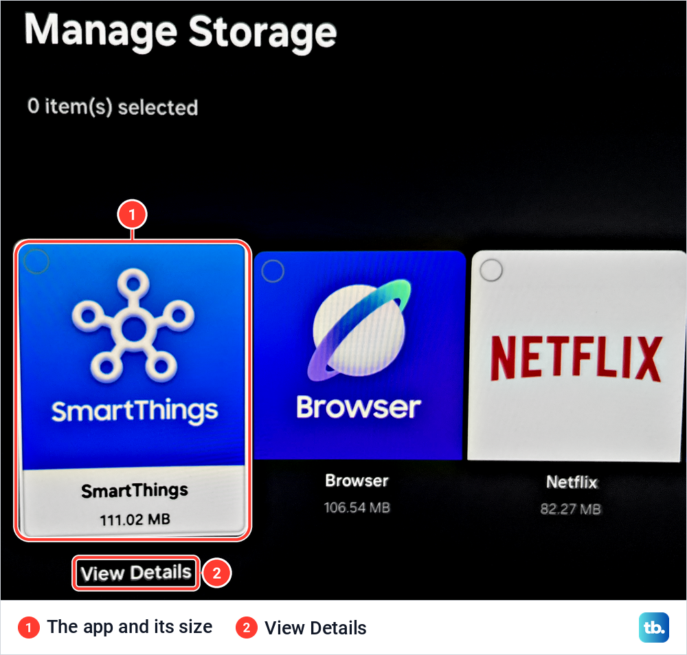 Samsung Manage Storage screen with app tiles and sizes, SmartThings highlighted above View Details.