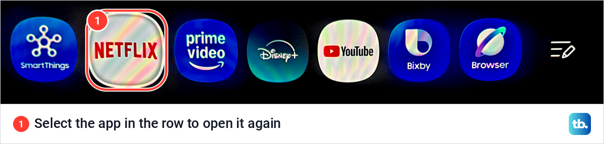 Smart Hub app row with SmartThings, Netflix, Prime Video, Disney+, YouTube, Bixby and Browser tiles, Netflix highlighted.