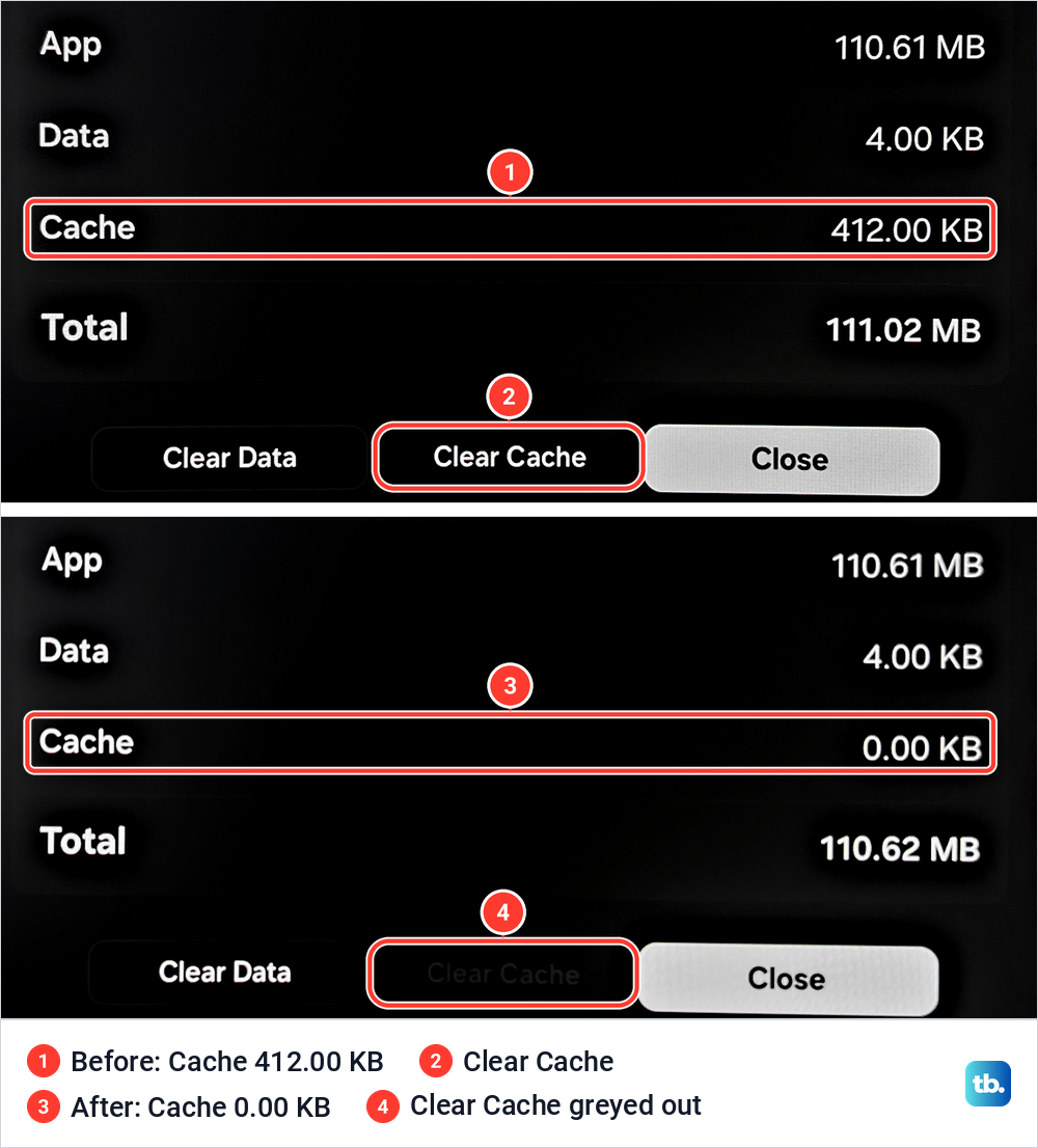 SmartThings storage details before and after Clear Cache, with the cache going from 412.00 KB to 0.00 KB.
