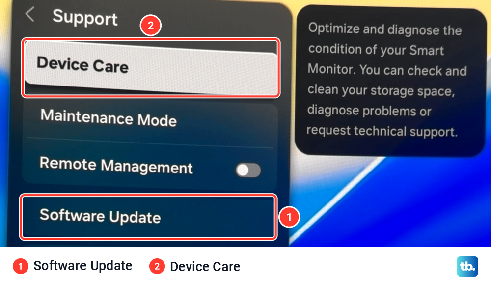 Samsung Support menu with Device Care at the top and Software Update further down, both marked.