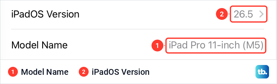 iPad Settings About page showing the Model Name iPad Pro 11-inch and iPadOS Version 26.5.