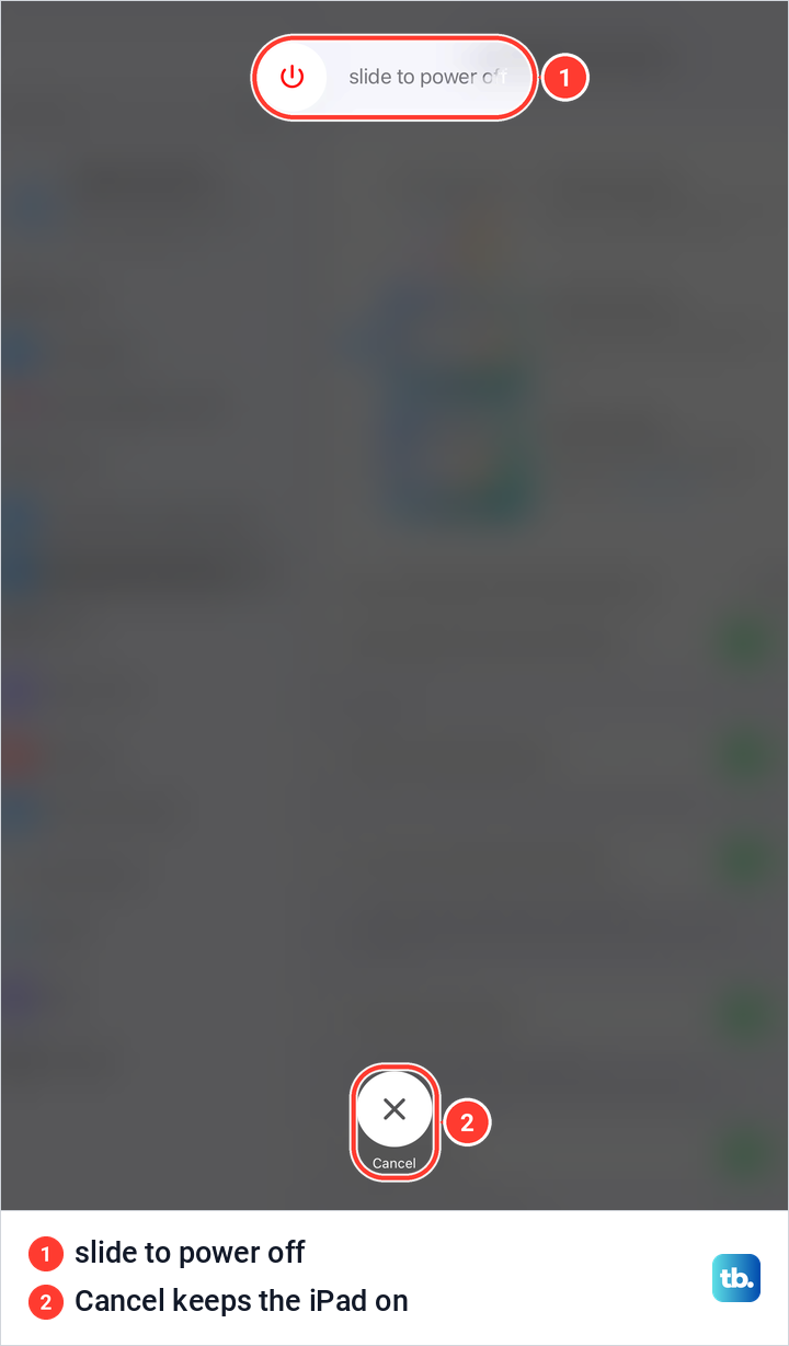 The iPad power off slider at the top of the screen with a round Cancel button at the bottom.