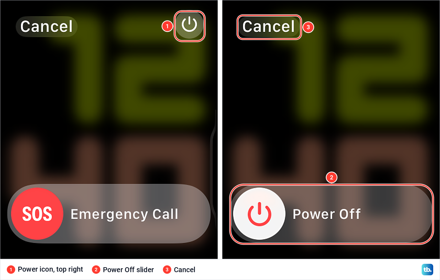 Apple Watch power screen with the power icon at the top right, then the Power Off slider.