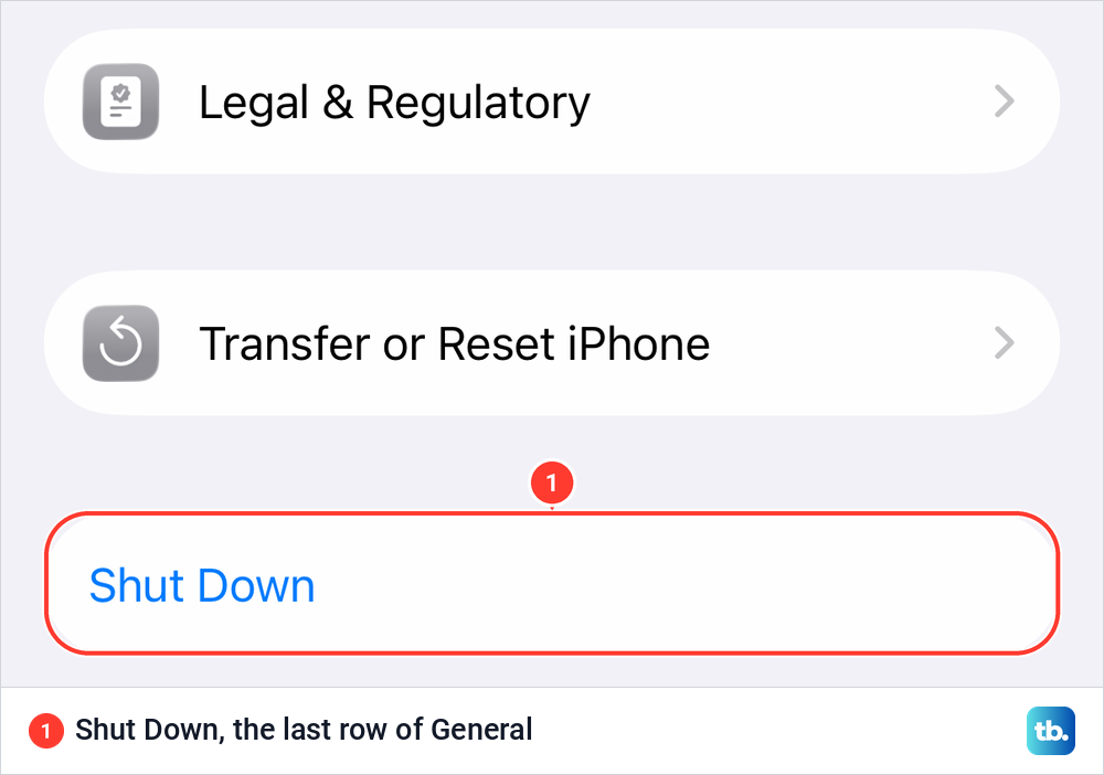 iPhone Settings General page scrolled to the bottom, with the Shut Down row.
