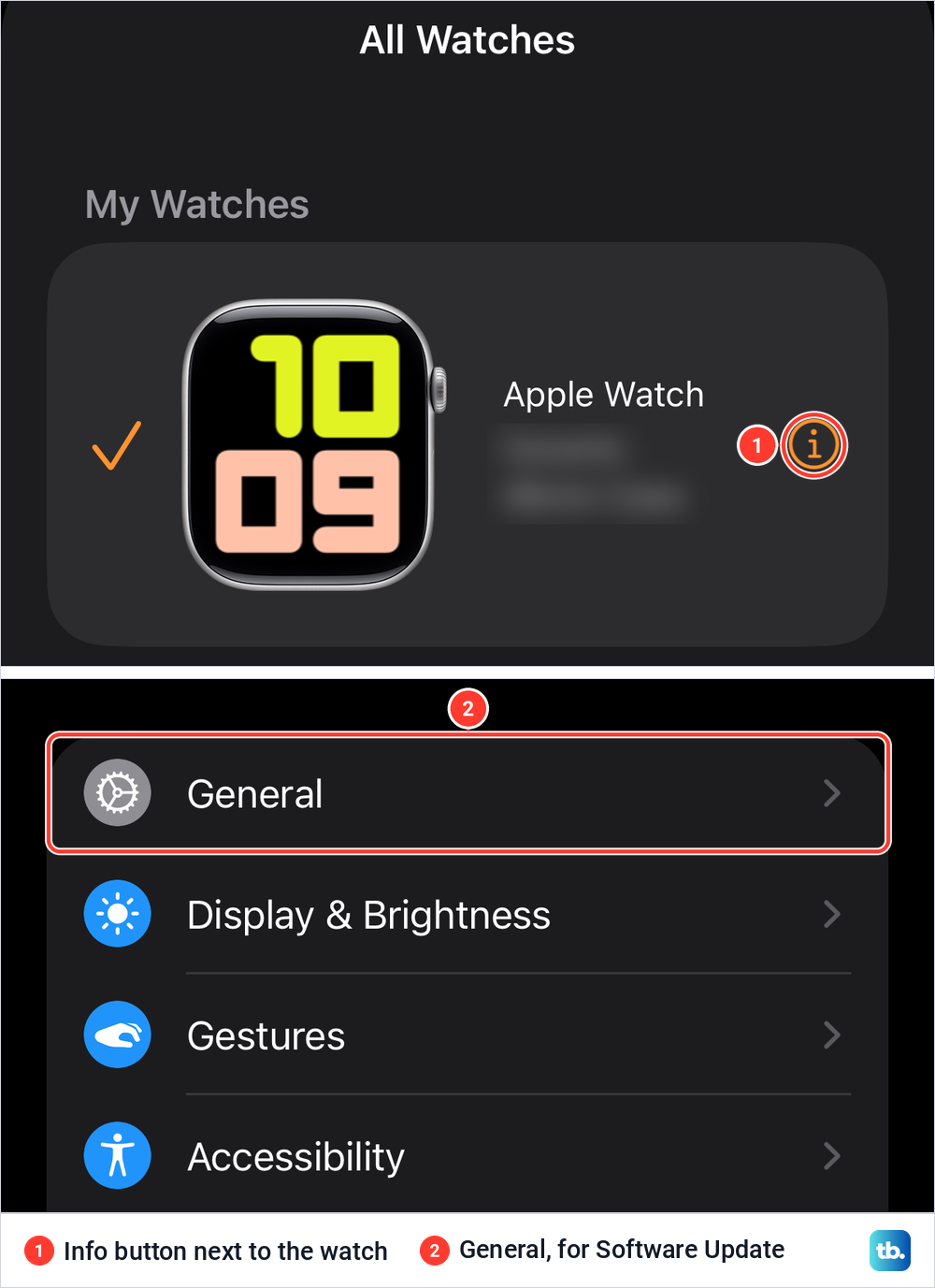 Apple Watch app on iPhone showing All Watches with the info button, and General in the My Watch list.