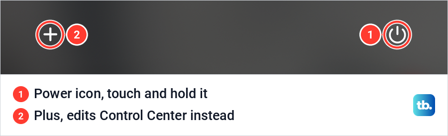 Top of iPhone Control Center with the plus button at the left and the power icon at the right.