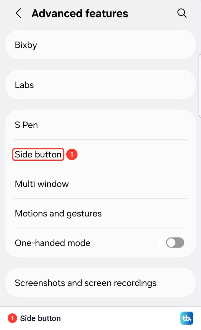 Samsung Galaxy Settings, Advanced features list with the Side button entry between S Pen and Multi window.