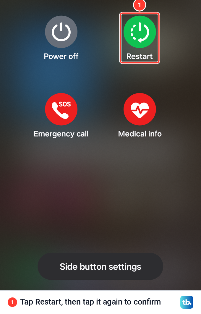 Samsung Galaxy power menu with Power off, Restart, Emergency call, Medical info and Side button settings.
