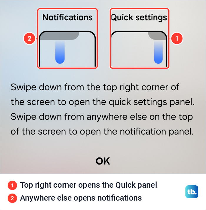 Samsung tip card explaining that a swipe from the top right corner opens the quick settings panel.