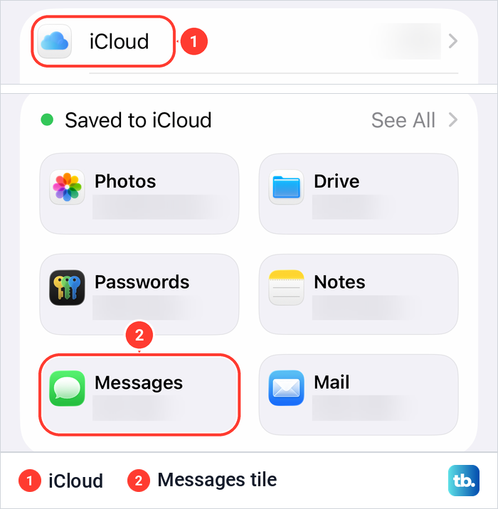 iPhone Apple Account settings with the iCloud row, and the iCloud page with the Messages tile under Saved to iCloud.