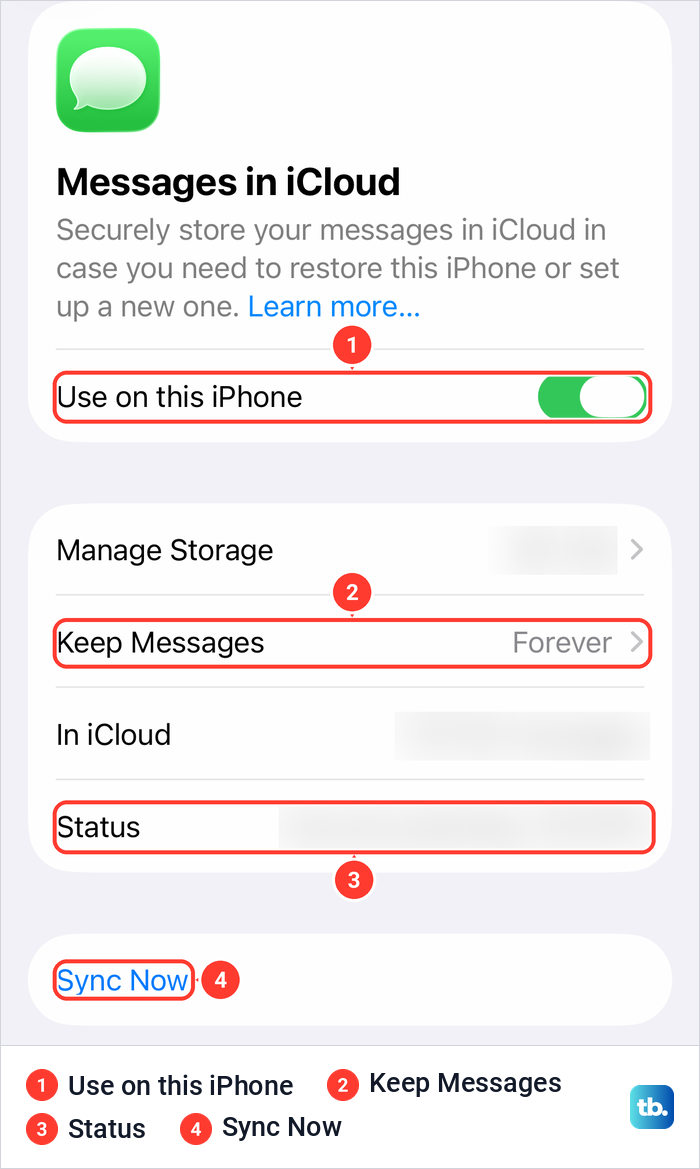 The iPhone Messages in iCloud settings page with Use on this iPhone, Keep Messages, Status and Sync Now.