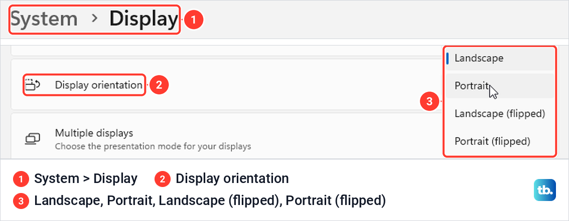 Display orientation list open in Windows 11 Settings with Landscape, Portrait and both flipped options