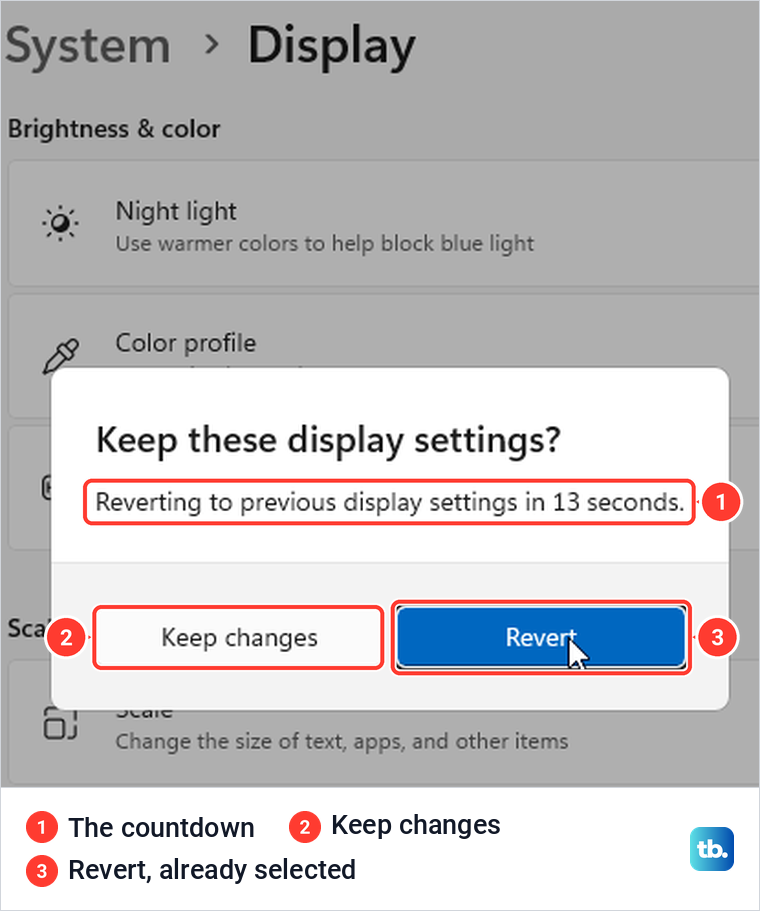 Keep these display settings box with Keep changes and an already selected Revert button