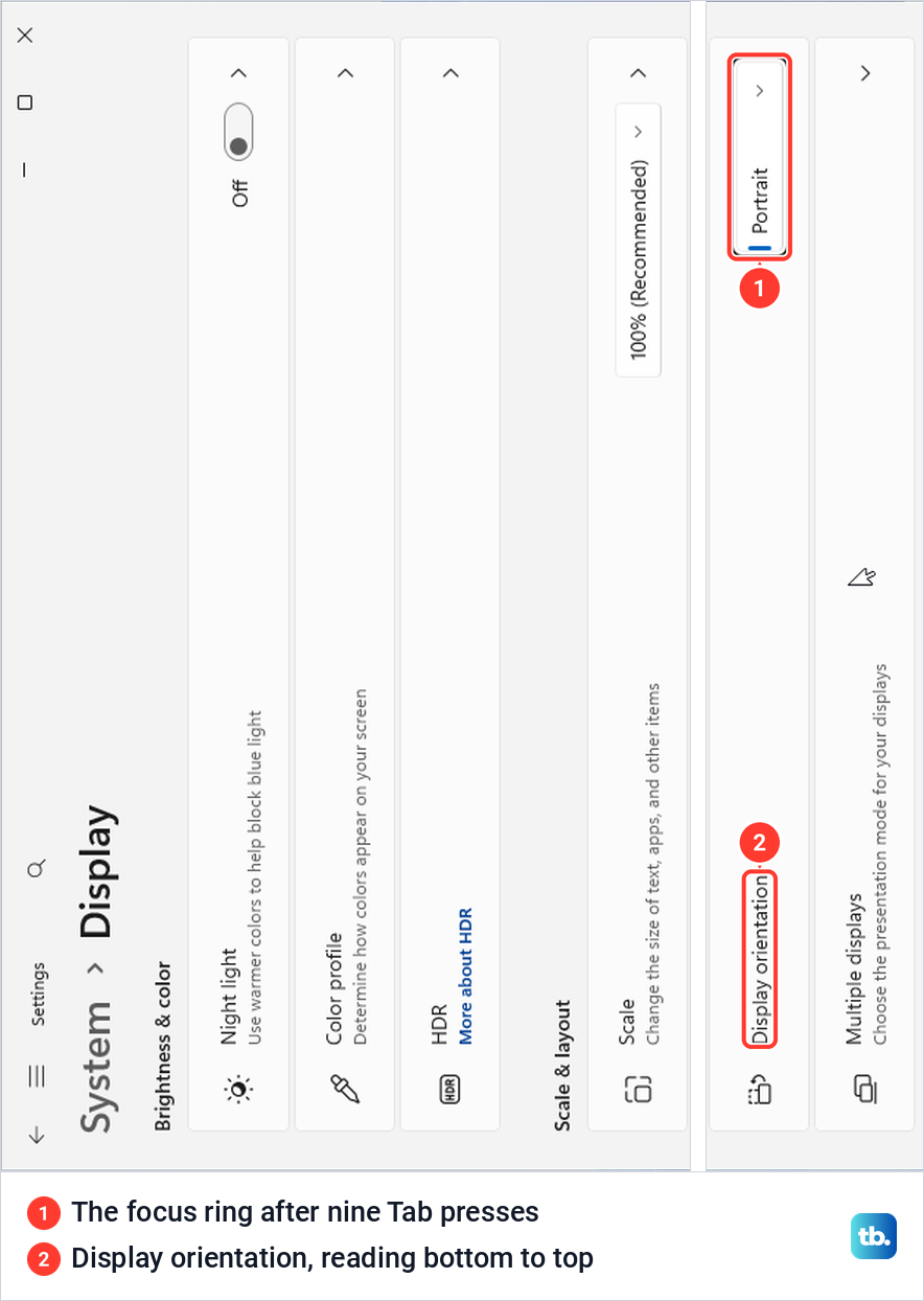 Sideways Display settings page with the keyboard focus ring on the Display orientation list