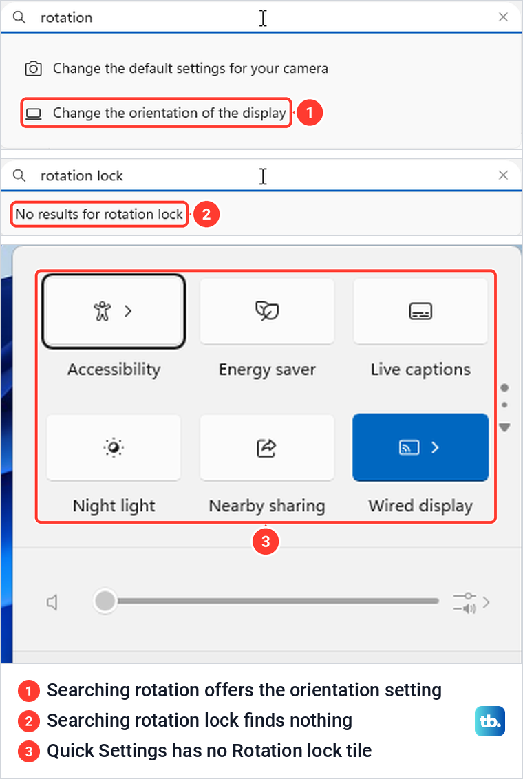 Settings search results for rotation and rotation lock above Quick Settings without a Rotation lock tile