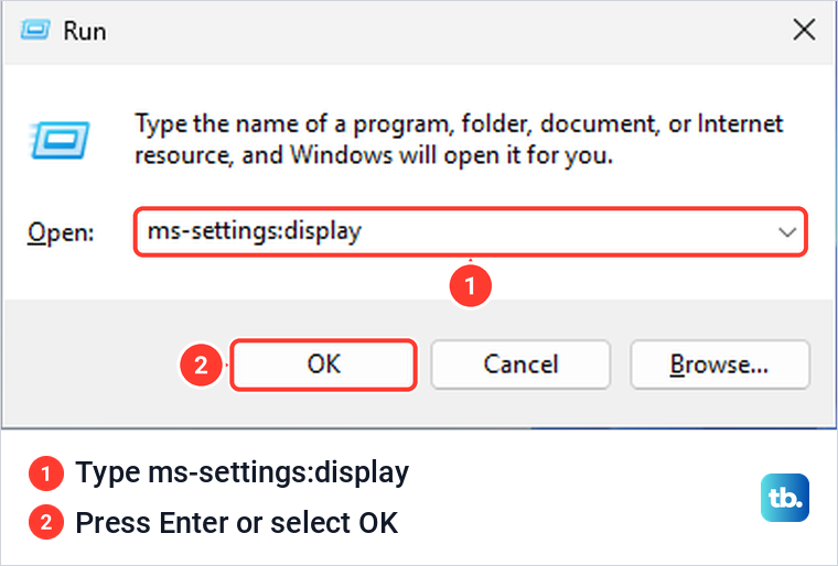 Windows Run box with ms-settings:display typed in the Open field