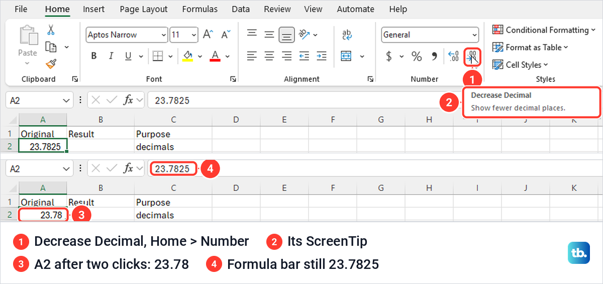 Excel Home tab with the Decrease Decimal button and A2 showing 23.78 while the formula bar keeps 23.7825.