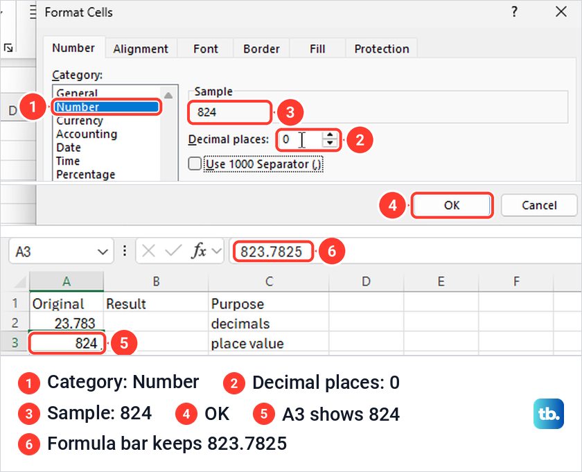 Excel Format Cells dialog on the Number category with Decimal places set to 0 and a sample of 824.