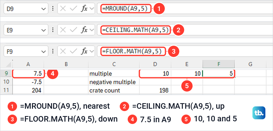 Excel MROUND, CEILING.MATH and FLOOR.MATH formulas rounding 7.5 to a multiple of 5.