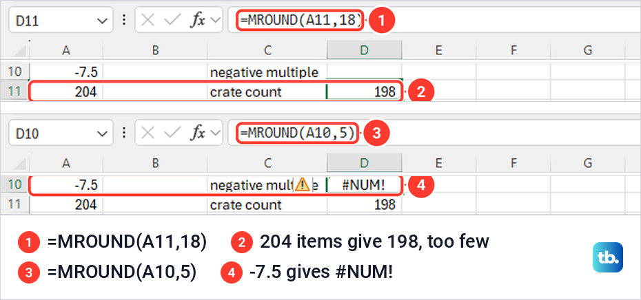 Excel MROUND returning 198 for 204 items in crates of 18, and #NUM! for a negative number.