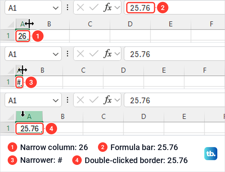 Excel column A narrowed so 25.76 shows as 26 and then as a hash sign, then widened again.