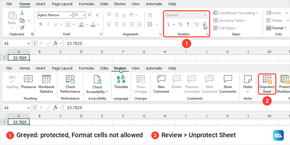 Excel Home tab with the Number group greyed on a sheet protected without Format cells, and the Review tab Unprotect Sheet button.