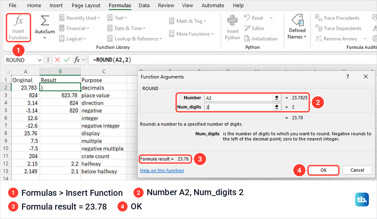 Excel Function Arguments dialog for ROUND with Number A2, Num_digits 2 and a formula result of 23.78.
