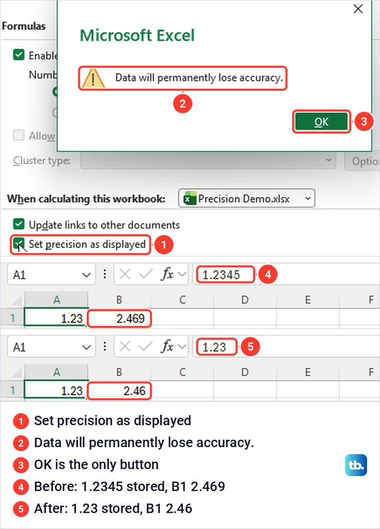 Excel Options Advanced page with Set precision as displayed ticked and the permanent accuracy warning.
