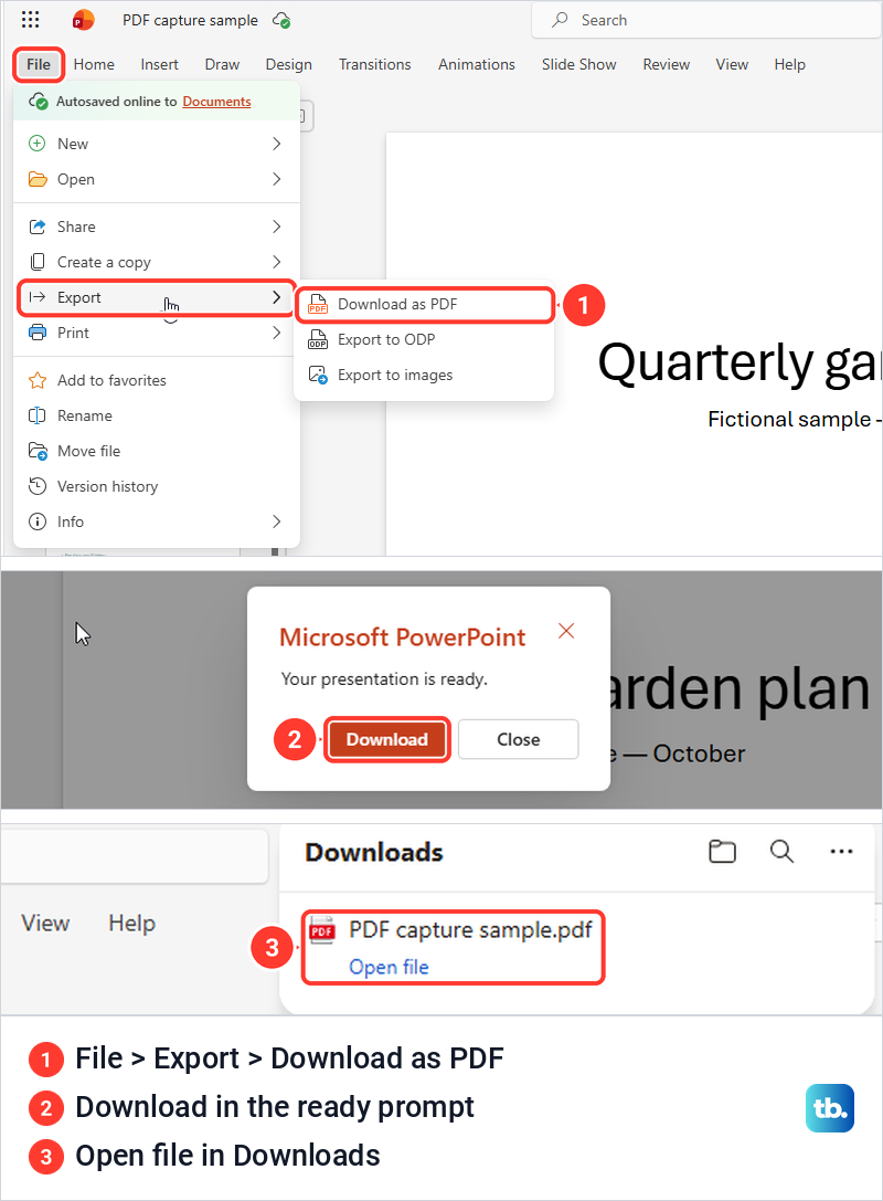 PowerPoint for the web File menu with Export and Download as PDF, the ready prompt and Edge downloads.