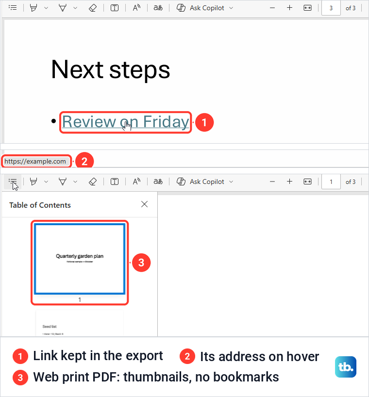A working link in an exported PowerPoint PDF, and a web print PDF showing only page thumbnails.