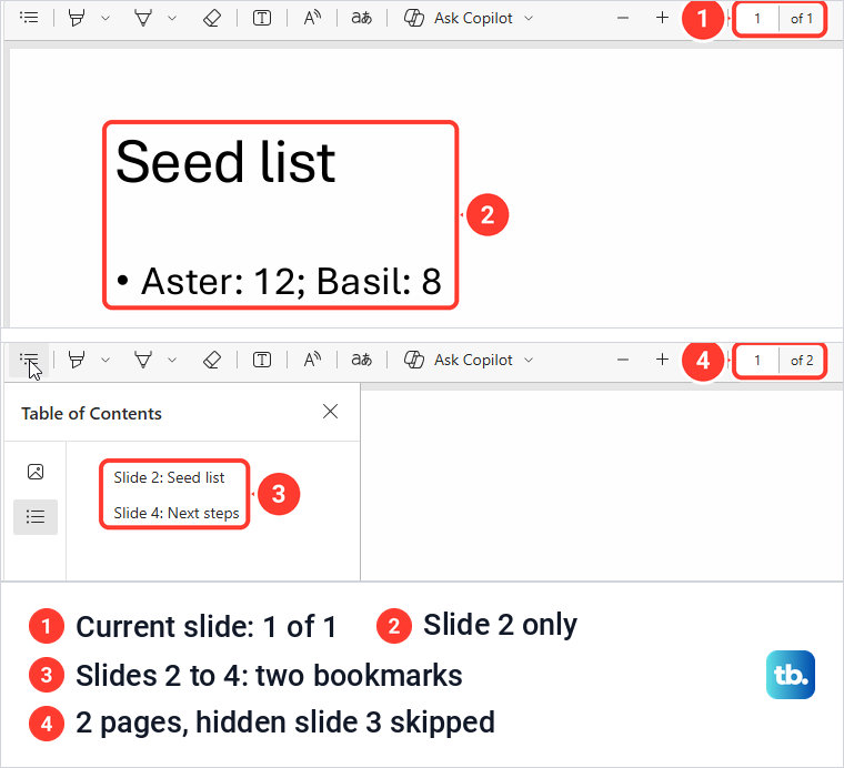 Two PowerPoint PDFs in Edge, a one-page current slide export and a two-page slide range.