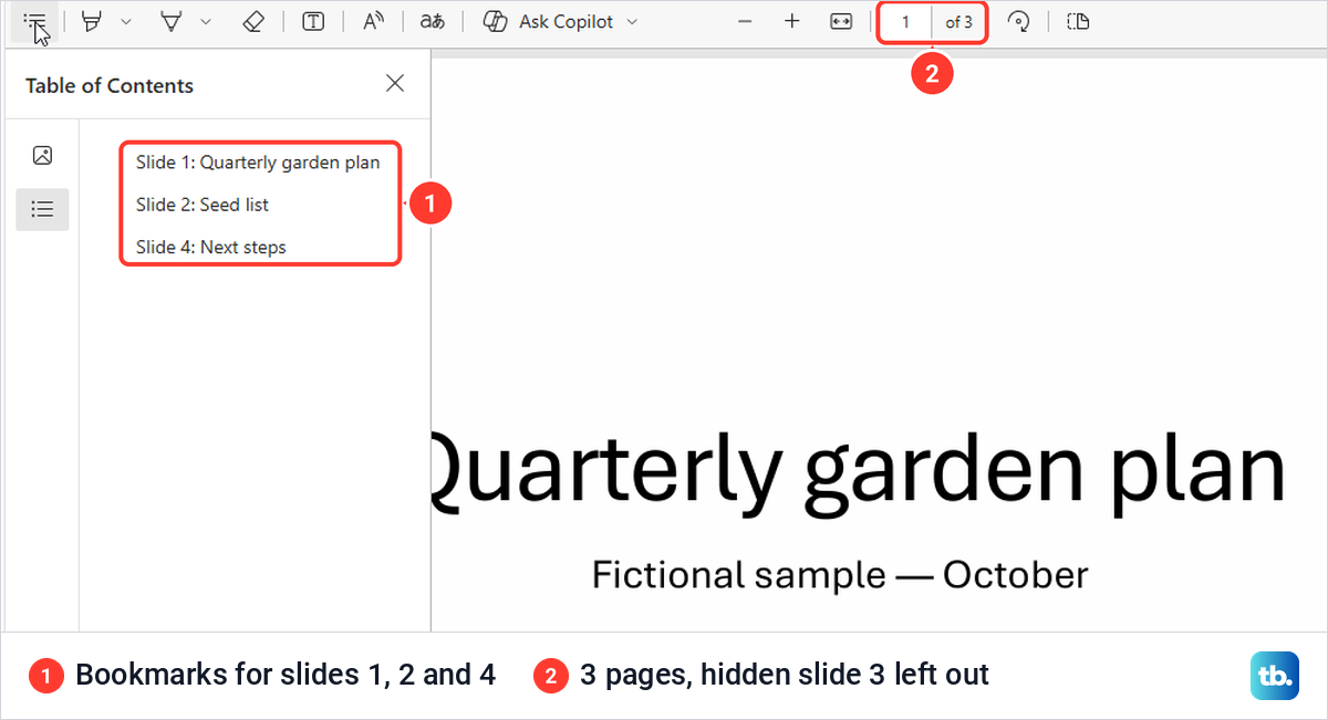 Exported PowerPoint PDF open in Microsoft Edge with slide title bookmarks and three pages.