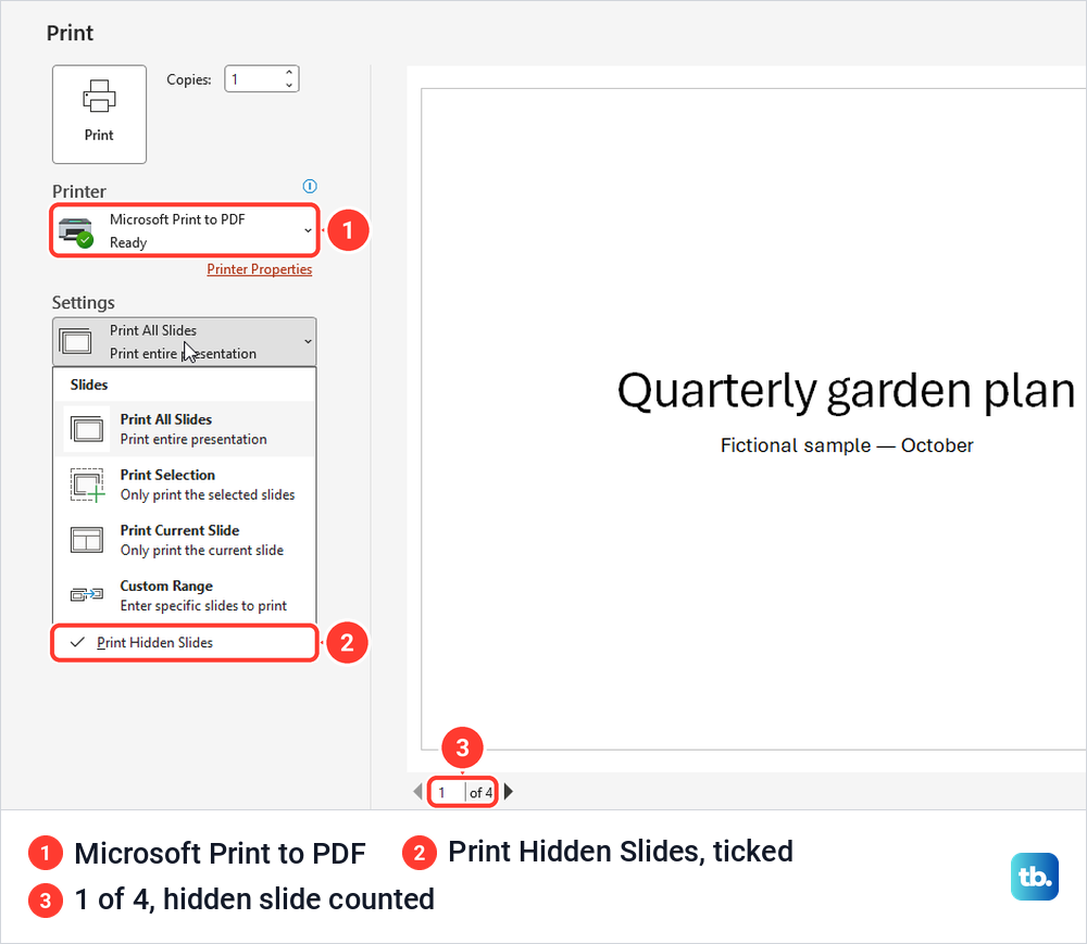 PowerPoint Print page with Microsoft Print to PDF and Print Hidden Slides ticked in the range menu.