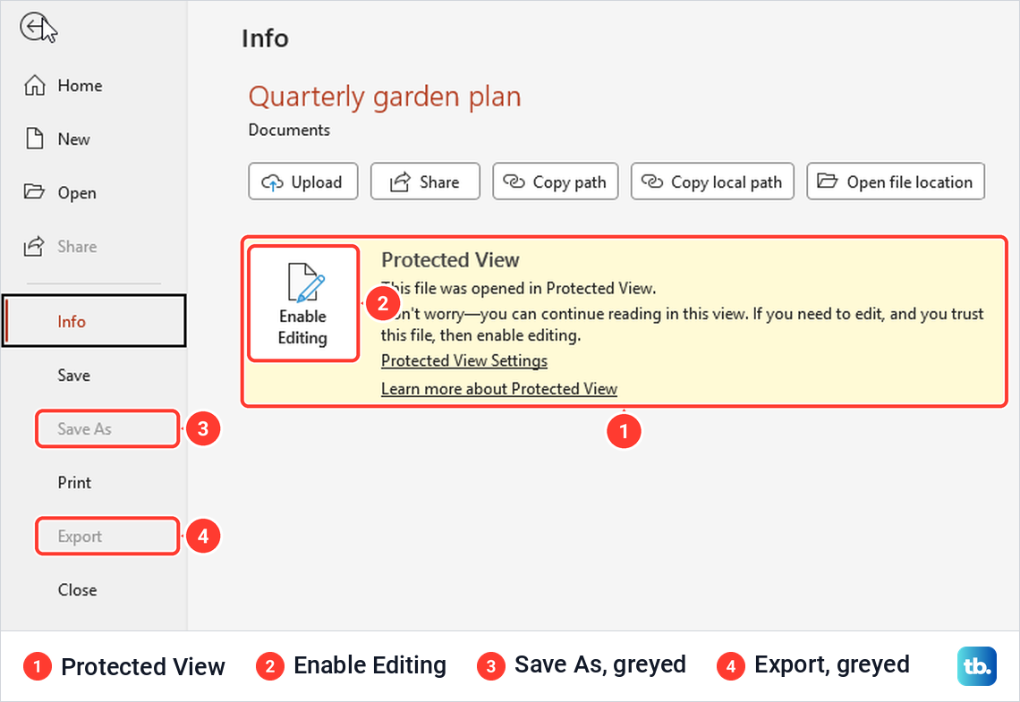 PowerPoint File Info page in Protected View with Enable Editing and Save As and Export greyed out.