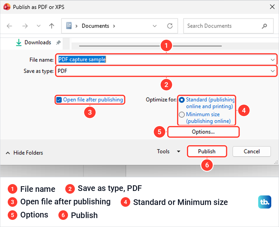 PowerPoint Publish as PDF or XPS window with the file name, PDF type, Options and Publish button.