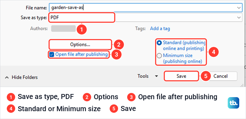 PowerPoint Save As window with PDF chosen as the type, plus Options and the Save button.