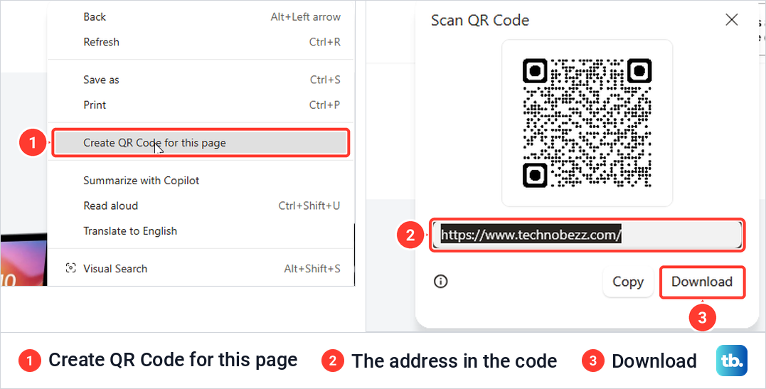 Microsoft Edge right-click menu with Create QR Code for this page, beside the Scan QR Code panel with the page address and a Download button.