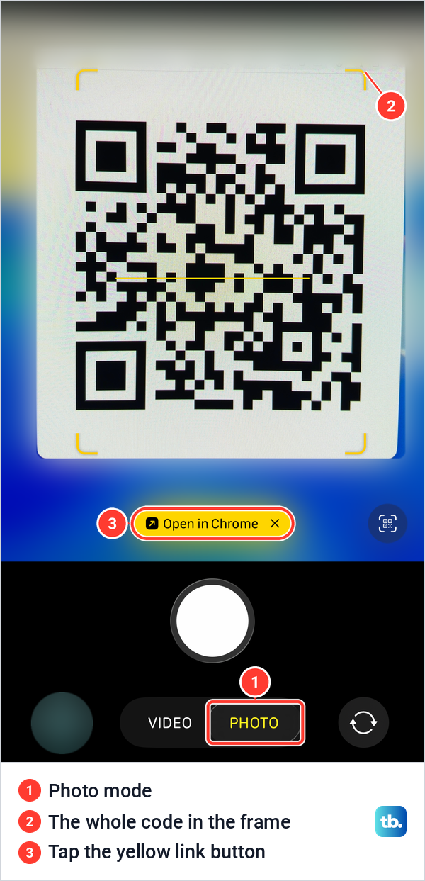 iPhone Camera in Photo mode with yellow corner marks around a QR code and a yellow Open in Chrome button below it.