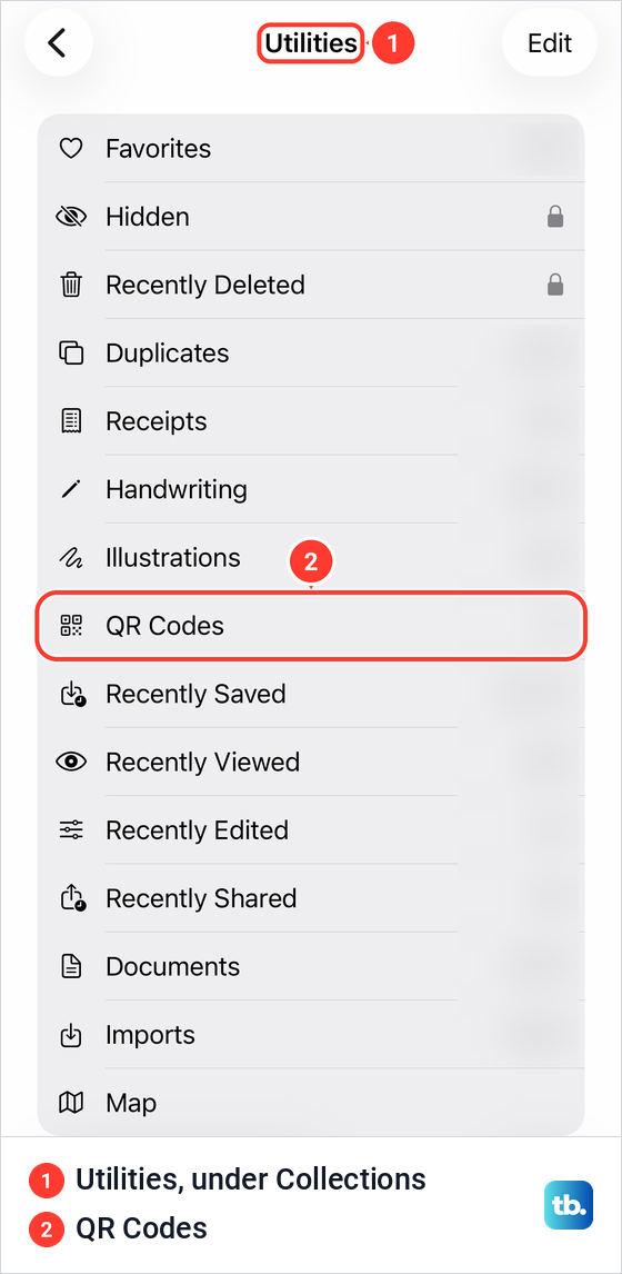 The Utilities list in iPhone Photos with the Utilities title and the QR Codes collection highlighted.